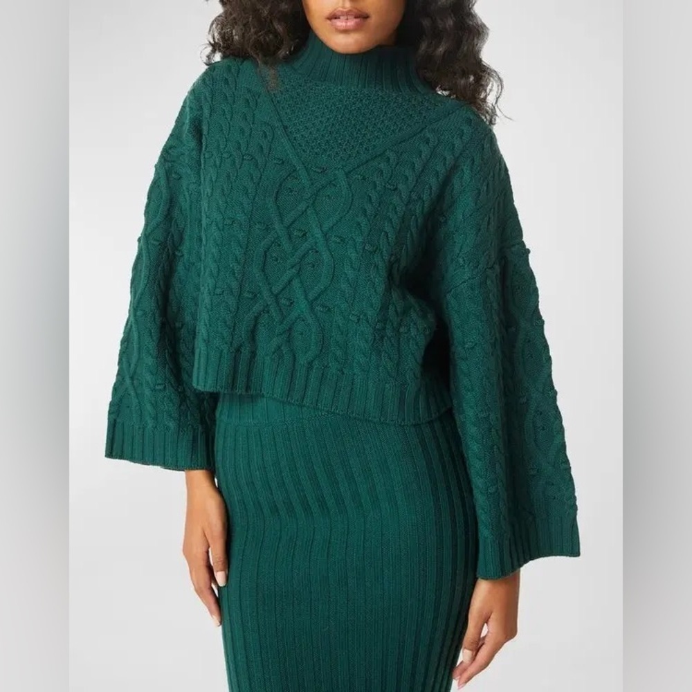 NWT Misa Los Angeles Oona Merino Wool Bell Sleeve Cable Knit Sweater Green
